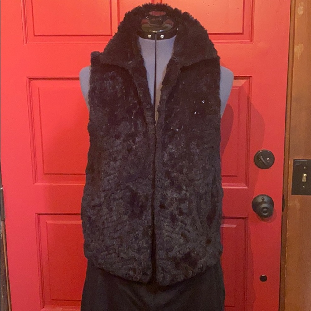 Betsey Johnson Black Faux Fur Vest w/Sprinkles of Bling, Size S
